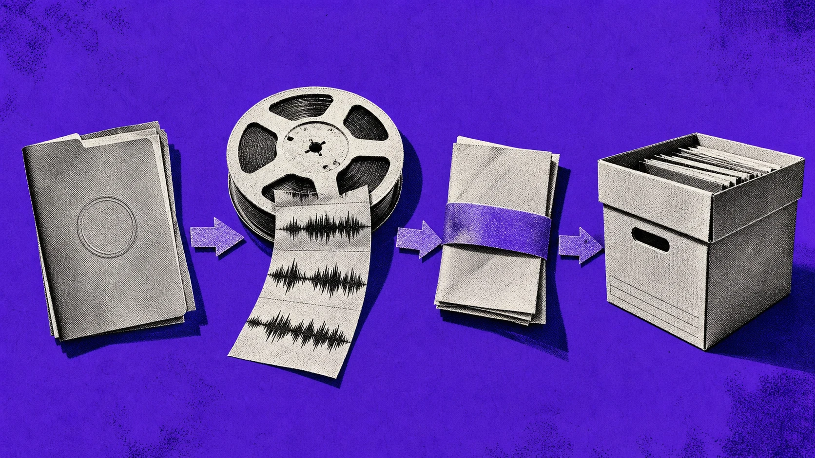 A sampled-audio spool moves through a consent folder and disclosure-wrapped audio file into a legal archive box.