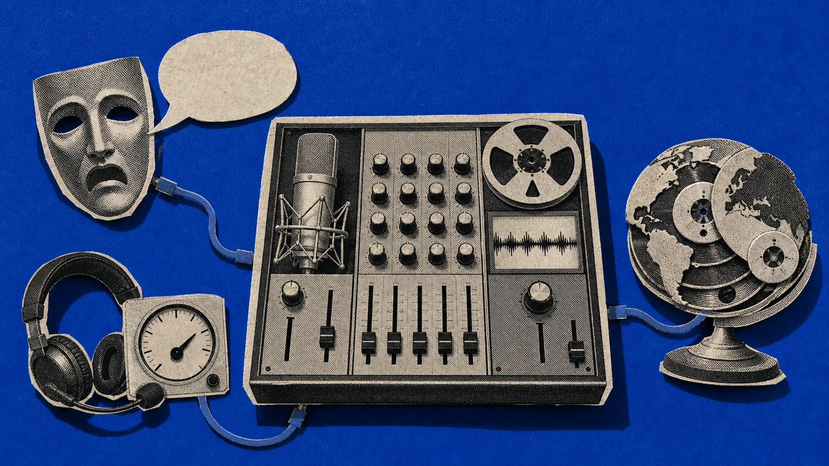 An audio routing console connects to a character mask, a low-latency headset dial, and multilingual globe reels.