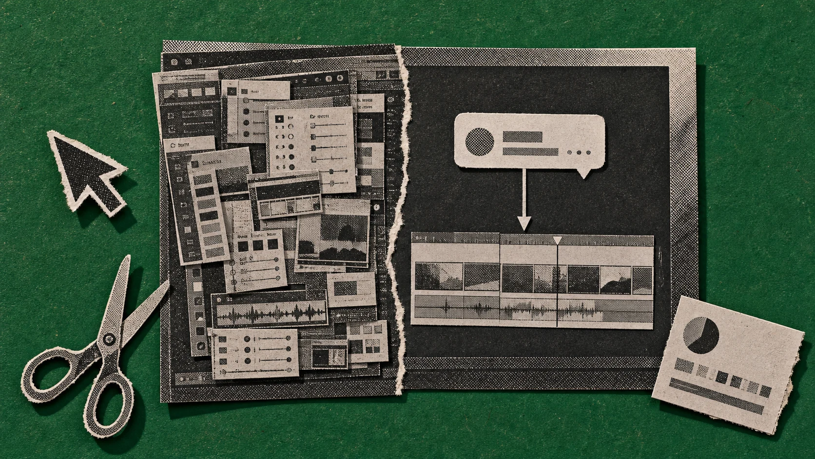 Split paper collage contrasting a maze of tool panels with one direct chat instruction reaching a finished timeline.