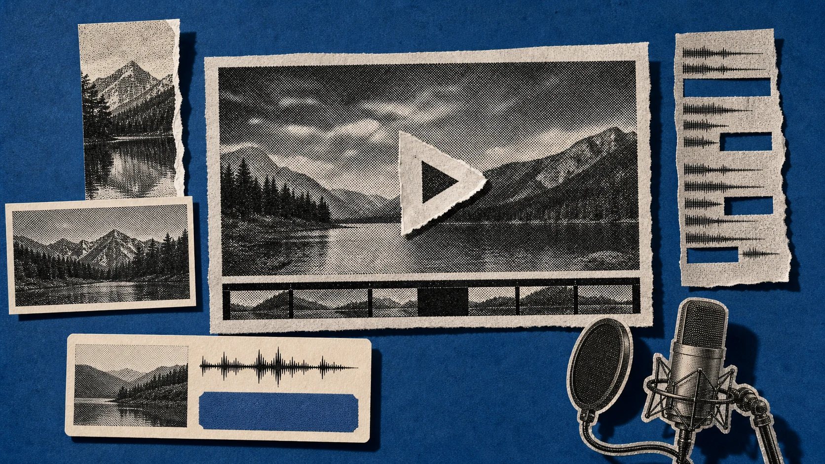 A YouTube production frame surrounded by format, silence, caption, audio-cleanup, and voiceover tools.