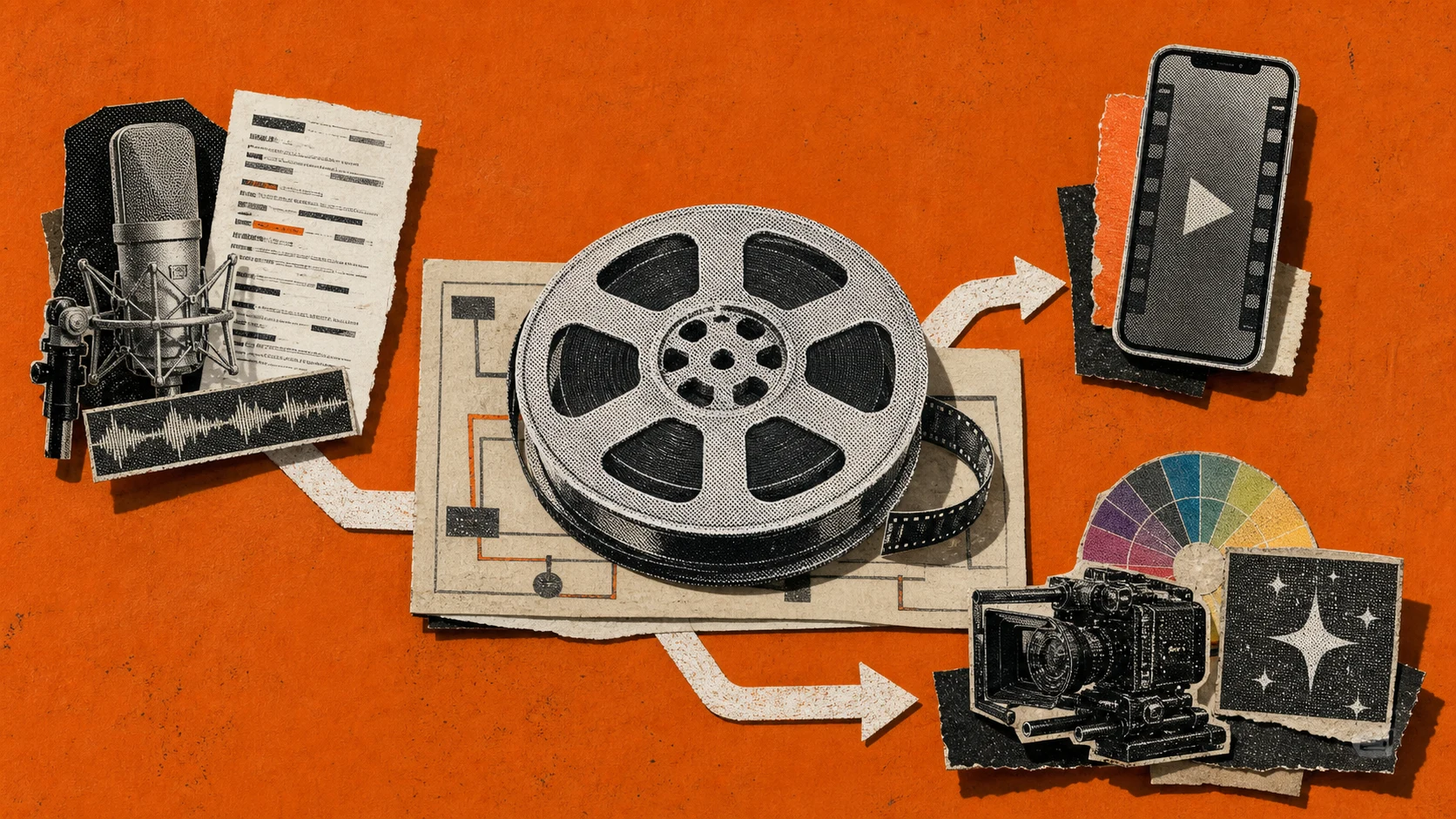 A central source reel branching toward podcast, social, cinematic, professional, and automated video workflows.