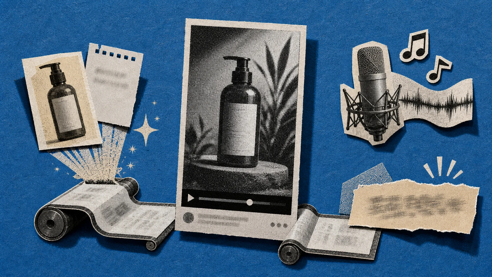 A product card and prompt flowing through generated footage, voice, music, captions, and a vertical promo frame.