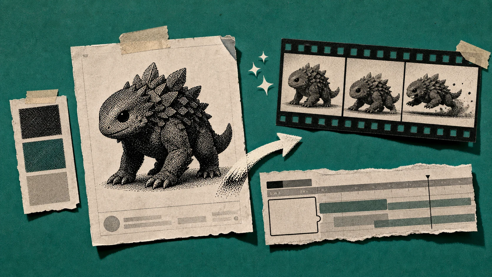 A generated game-creature reference frame becoming a short animated hook and landing in an editing timeline