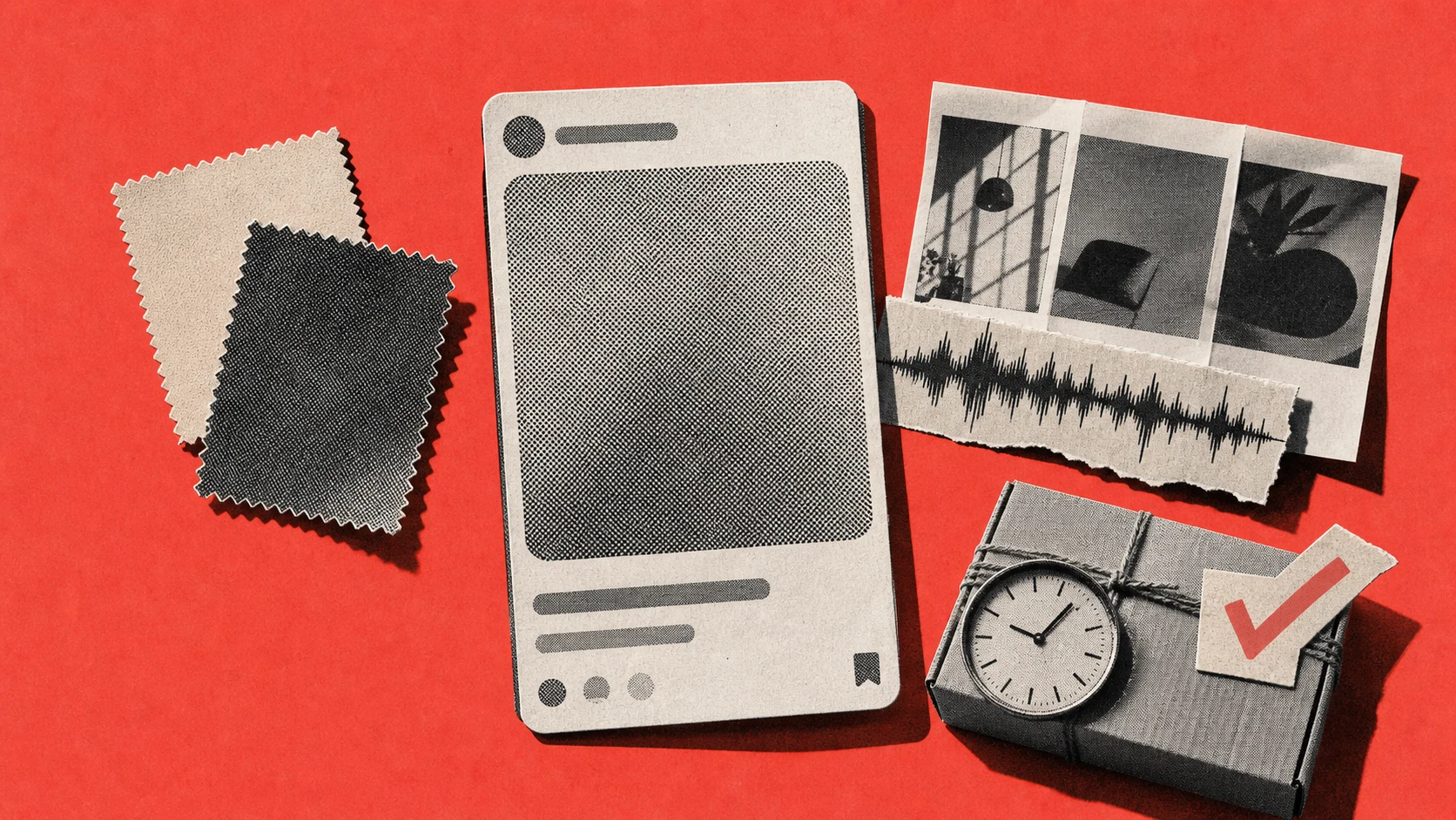 A vertical UGC submission card is checked against mismatched brand swatches, a rigid script sheet, a noisy production bundle, and a delivery clock.