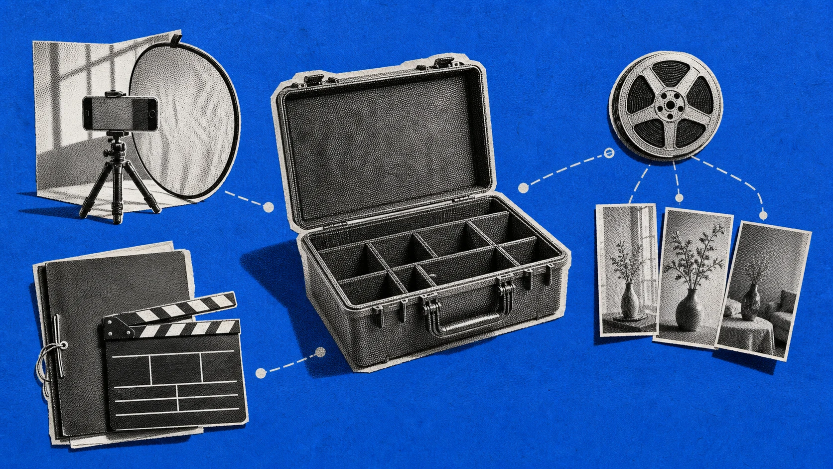 An open production case connects to a phone performance setup, a multi-angle clip reel, and a directed cinema slate.