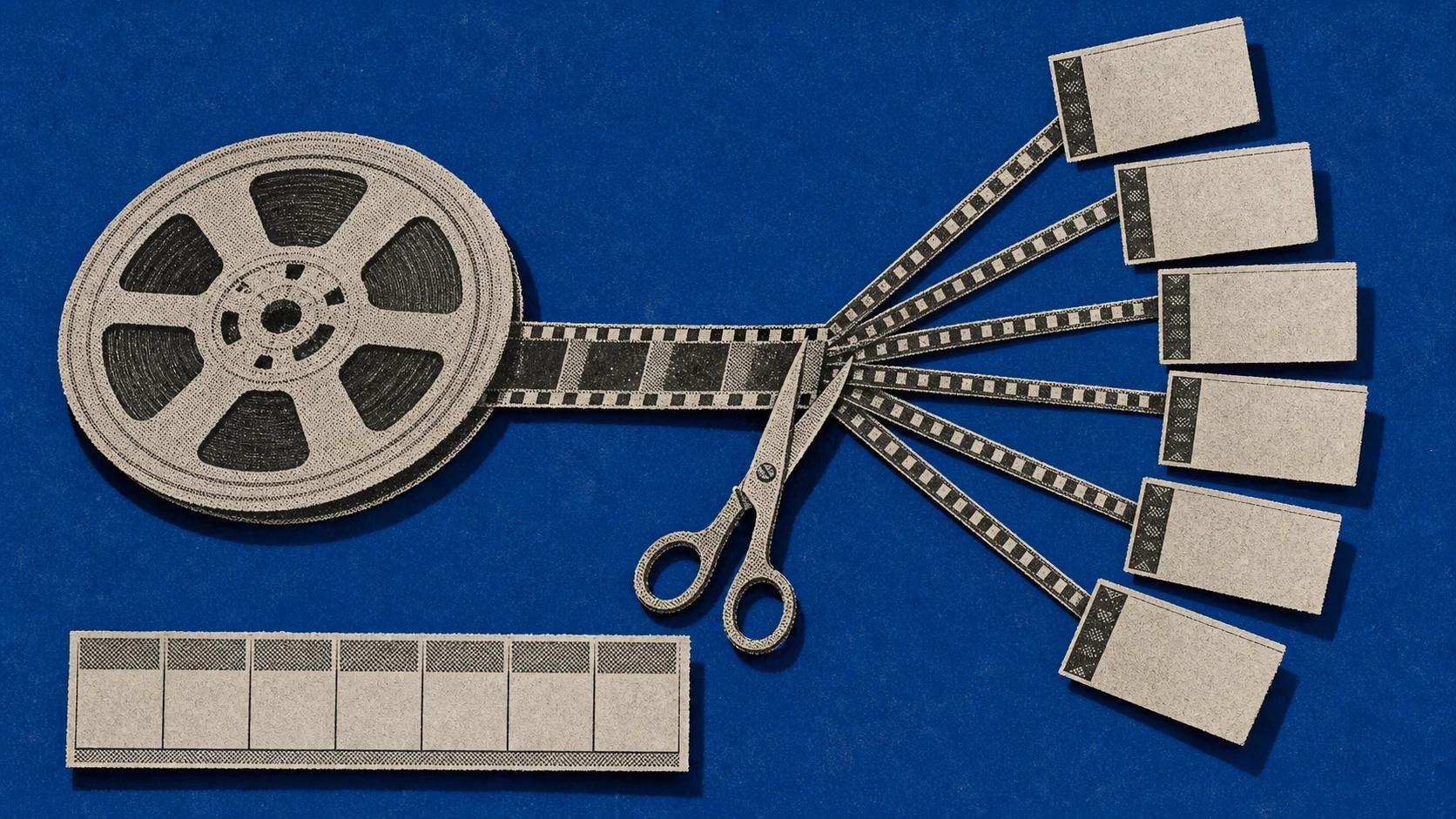 A long source reel branching into a fan of seven vertical clip cards beside a weekly calendar strip and editing scissors.