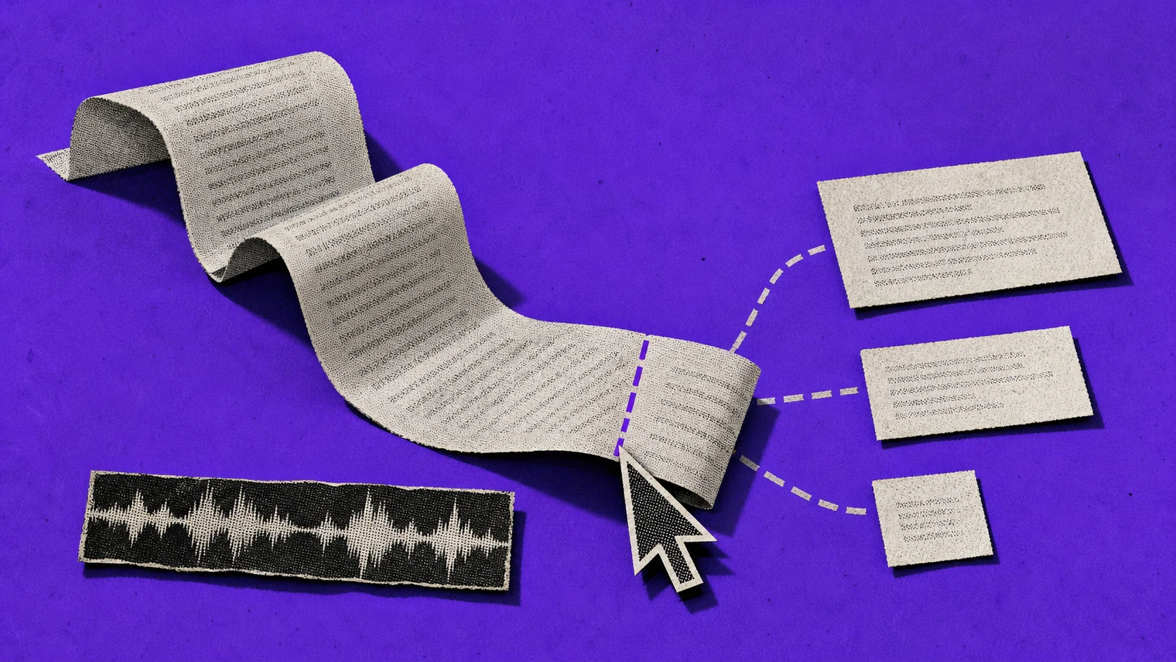 A long transcript ribbon splitting into three groups of differently sized video cards beside a cut cursor and a source waveform.
