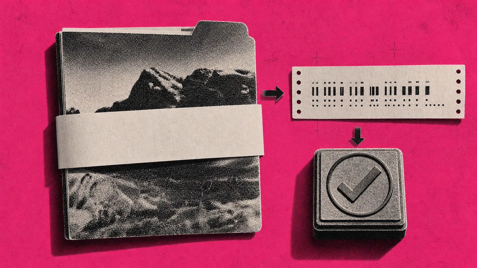 An AI ad file passes through a blank disclosure band, a machine-readable metadata strip, and a legal review stamp pad.